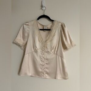 Joie Cream Button Down Short Sleeve Blouse with Lace Detail